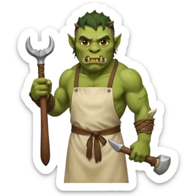 orc male Apron with "Kiss the Cook" (scratched out, replaced with "Fear the Cook"), giant rib bone as a weapon. sticker