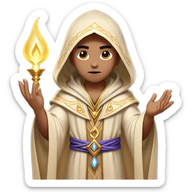 Clash of Clans aesthetic friendly Mage Portrait Emoji, With an enigmatic, slender build draped in flowing mystical robes adorned with arcane symbols, piercing eyes and a determined aura, his face rendered in a natural skin tone (not yellow), Simplified yet sharply defined features, highly detailed, glowing with a cool, otherworldly radiance, high shine, wise and resolute, stylized with an air of ancient sorcery, focused and mystical, soft glowing outline, capturing the essence of a powerful mage ready to unleash enchanted spells on epic adventures! sticker