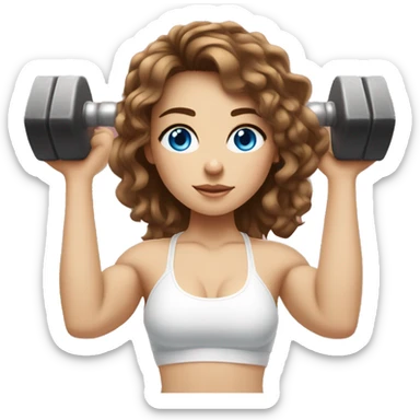Girl with brown wavy hair and a fringe over her forehead, wearing a white sports bralette, has strong feminine muscles, lifting weights in the gym holding barbells she is light skinned with blue eyes sticker