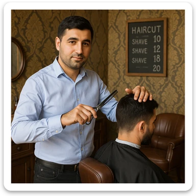 Draw me a picture of a barbershop that looks like this guy working in a barbershop. The barbershop doesn't have to be very modern. It should be on a medium floor. Also draw a blackboard on the wall. It should have the prices for haircuts there. sticker