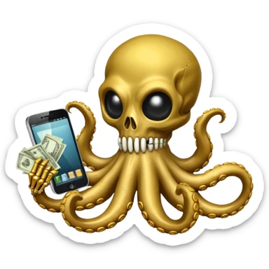 satanic octopus skeleton with scary evil eyes wearing a gold necklace and balaclava. 1 tentacle is holding a cellphone, 1 tentacle is holding a bone, 1 tentacle is holding a stack of cash. sticker