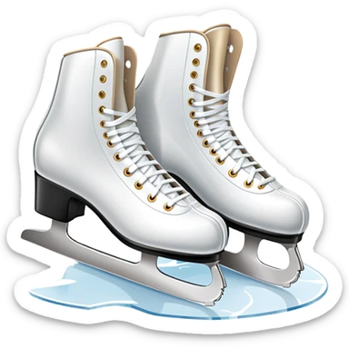 An icon showing The rink is surrounded by cheering spectators and soft arena lights, creating a beautiful, dynamic atmosphere. a pair of elegant figure skates placed on the smooth, sparkling ice of a grand ice arena. Transparent background highlights the grace and beauty of figure skating. sticker