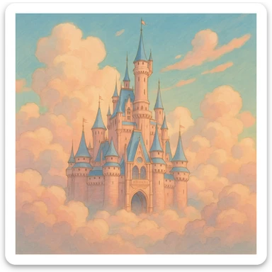 a disney castle, pastel colors, surrounded by clouds, fairytale style sticker