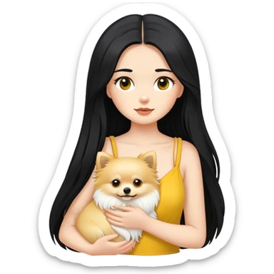 Fair-skinned girl - long black hair - white sling - holding a yellow long-haired Pomeranian sticker