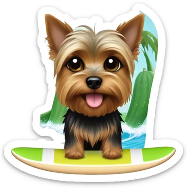 brown and black yorkshire terrier on a surf board with cucumber on the eyes sticker