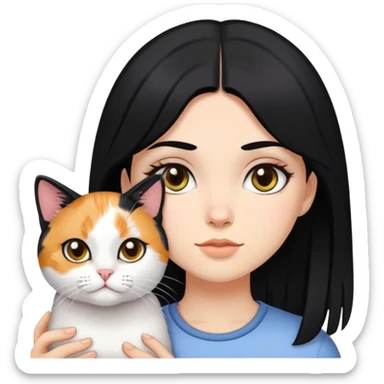 black haired black eyed white girl holding calico cat sticker