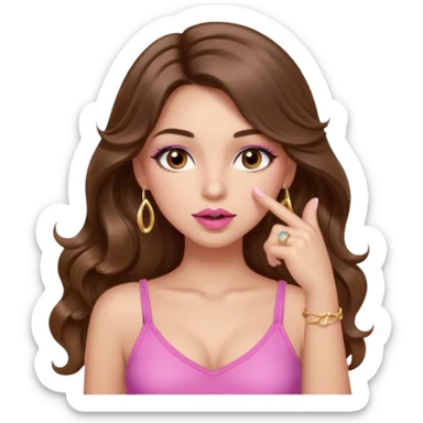 girl with long wavy brown hair, brown eyes, light to medium complexion, in a pink sexy top, pink lips, long lashes, silent motion with the hand one finger up by the mouth sticker