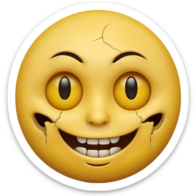 A horror-style emoji face, round yellow emoji shape, distorted facial expression, dark hollow eyes, creepy smile, cracked surface, unsettling mood, high detail, 3D render
 sticker