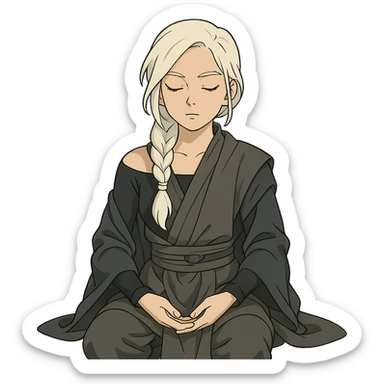  a closeup portrait of young woman with gold yellow eyes, white hair, long braid, black off-shoulder top, punk gothic style, futuristic cyberwave cyberpunk,  jedi attire, kneeling and gathering chi, jedi meditate, eyes closed hands at full rest. original republic jedi robes padawan sticker