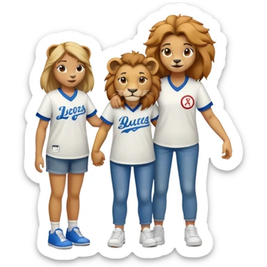 friendly anthropomorphised female lion wearing a baseball shirt, jeans, and trainers, comforting another character sticker