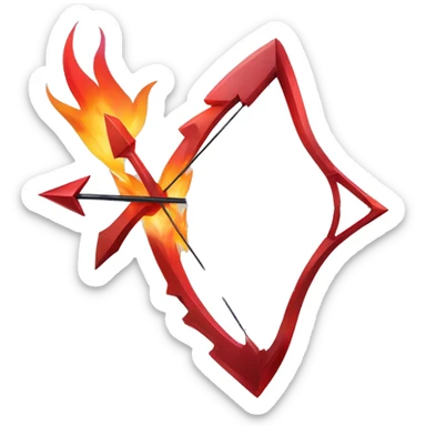 Bow with arrow sculpture symbolizing sagittarius with a geometric, faceted design. The symbol is standing upright with angular and disney features. The vibrant red flame colors highlights the sharp edges and planes. sticker