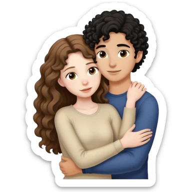 girl with long light brown hair and pale skin hugging a boy with black curly hair and tanned skin sticker