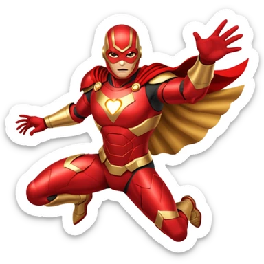 "A high-quality die-cut sticker of a tech-based armored superhero in a dynamic flying pose. Vibrant red and gold metallic plating, glowing circular chest piece, thick white border, flat vector art style, white background." sticker