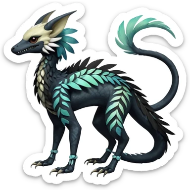 Rare realistic tribal patterned whitish pastel colorful iridescent shiny glossy feathery epic handsome gorgeous aesthetic black-skulled Vernid-Trico-Sergal-Salandit-Nargacuga-species-Fakemon-creature by LiLaiRa, 4 legs, 1 tail, random markings, (full body) long ears sticker