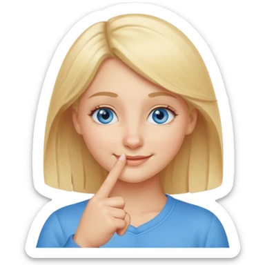 a blond girl with blue eyes putting a finger on the tip of the nose sticker