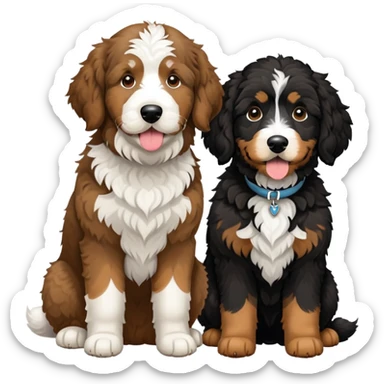 2 dogs: one light brown u, one Bernedoodle all black with white eyebrows some white markings, no brown coloring. Both same size. sticker