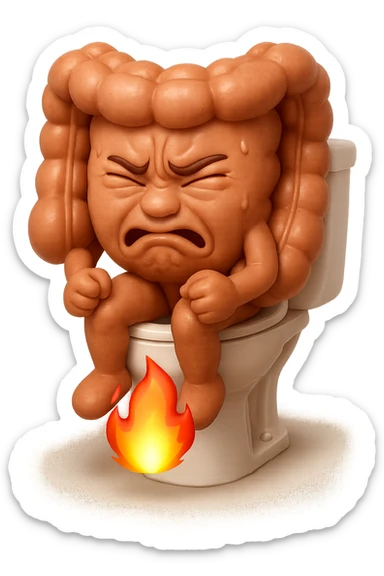 SU QUESTO STILE FAI UN EMOJI STILE IPHONE 3D DI UN INTESTINO CHE sta seduto sul wc e dal wc in mezzo alle sue gambe esce una fiamma stile emoji iphone, FAGLI UN ESPRESSIONE di dolore mentre si sforza E FALLO MOLTO REALISTICO IN 3D sticker