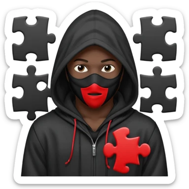 grayscale black mysterious masked hooded man with puzzle logo on hood sticker