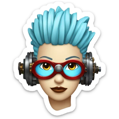 Light blue Mohawk hair female cyborg head with red steampunk goggles and circuits sticker