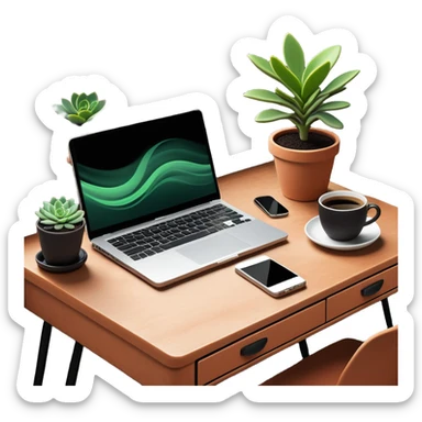 A tidy desk with a laptop, a steaming cup of coffee, and a small green potted plant, showing an organized and inspiring workspace sticker