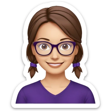 nữ 40 tuổi, da trắng, tóc được buộc gọn gàng màu nâu, mặt cười tươi vui vẻ, đeo kính màu đen, áo tím đậm sticker