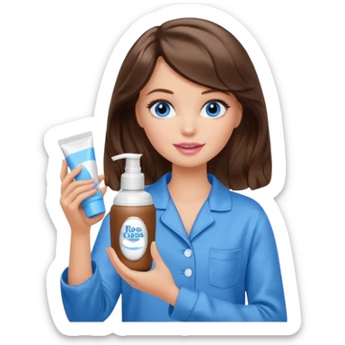 Barbie girl with makeup, blue eyes , and bob long haircut wavy, short brown hair in brown pajamas, face cream in hand sticker