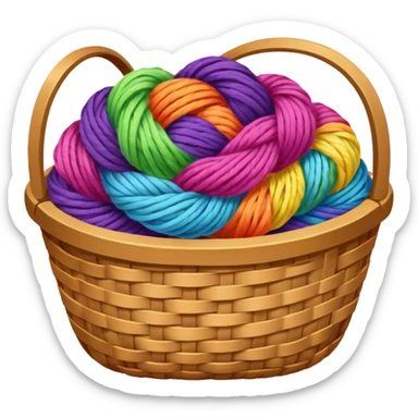 A basket with tangled rainbow yarn spilling slightly over the side. sticker