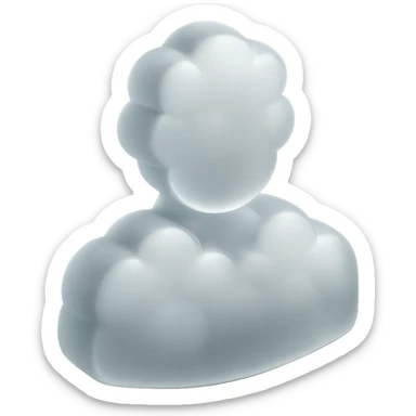 front-facing person composed entirely of white fluffy convex clouds, shoulders visible, matte glass style sticker