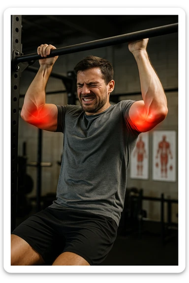 a man in athletic wear esegue una trazione alla sbarra in palestra. I suoi gomiti sono evidenziati con un alone rosso acceso o un effetto glow, indicando infiammazione. Un’espressione di dolore è visibile sul suo volto. Sullo sfondo, attrezzi da palestra e poster anatomici. L’atmosfera è educativa e realistica. sticker