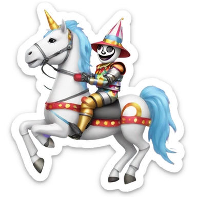 Robot wearing a clown outfit riding a unicorn sticker