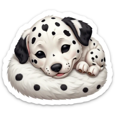 Meme-Worthy Cute Sleeping Spotted Dalmatian Portrait Emoji, Head resting peacefully with a contented smile, showcasing a delightfully majestic build and a luxuriously soft Fur of predominantly white with bold black patches, eyes shut in a serene nap, Simplified yet hilariously adorable features, highly detailed, glowing with a soft, drowsy light, high shine, relaxed and utterly lovable, stylized with an air of playful laziness, bright and heartwarming, soft glowing outline, capturing the essence of a comically sleepy guardian, so meme-worthy it feels like it could instantly become the next viral sensation of adorable slumber! sticker