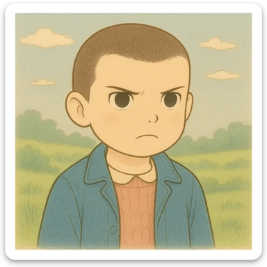Adjust the image so that Eleven has shaved hair as in the first season, maintaining a serious expression, with a simple and delicate line style as in the reference drawing, colored in pastel tones, in Ghibli style, square format 1:1. sticker