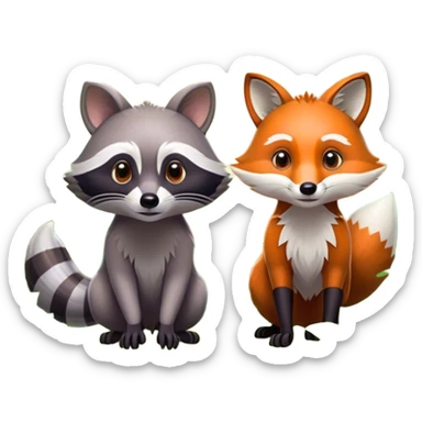Collage of a raccoon and a fox, in close-up, set in a beautiful forest with tall trees, green bushes, and sunlight filtering through the leaves. Both animals look curious and playful. A vibrant, wild atmosphere with a transparent background. sticker