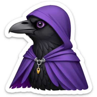 black realistic raven wearing a purple and black hooded cloak sticker