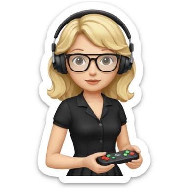 
gamer, woman with blond wavy hair, tight black dress with a white line with glasses, headphone, gamepad sticker