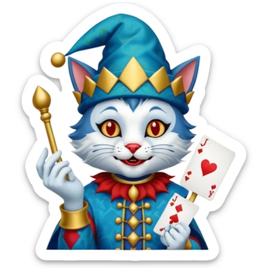 crazy colorful cute little cat jolly joker from poker, medieval, vintage, court jester, mac os icon, blue color, holds a single poker card sticker