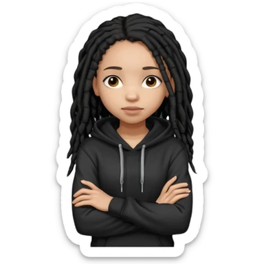 African American light skin girl with shoulder length black dreadlocks wearing a plain black hoodie with arms folded sticker