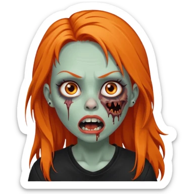 Faça uma zumbi feminina com cabelos longos e laranja, deve estar vestindo uma camisa preta e ter seus olhos castanhos escuro, não esqueça de colocar a sombrancelha da cor do cabelo e faça ela abrir um pouco a boca como um zumbi e adicione um piercing em seu nariz  sticker