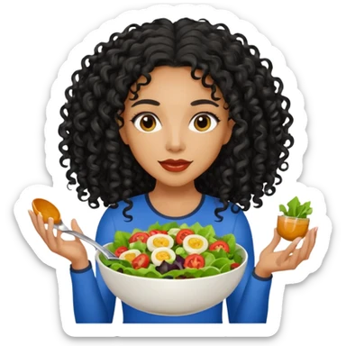 Mixed-race athletic woman with caramel skin, long black curly hair, holding a bowl of salad, pastel background sticker