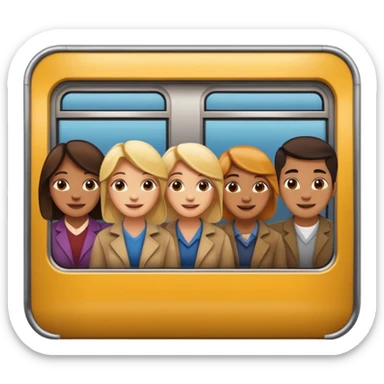 five happy people, mixed genders, friendly and close, inside a subway car similar to Apple emoji subway, Apple emoji style sticker