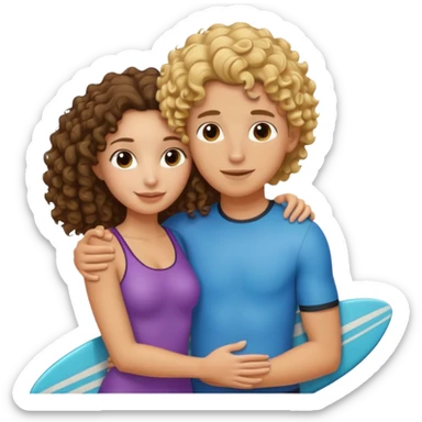 Curly haired brunette hugging blond surfer dude sticker