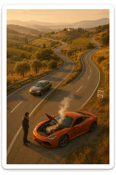 "Aerial view of winding mountain road through Italian countryside, steady reliable sedan maintaining consistent pace with confident driver, versus flashy supercar stopped at roadside with hood open and steam rising, mechanic being called on phone, 300km milestone sign visible in distance, moral lesson about reliability over showmanship, golden hour lighting" sticker
