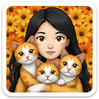 Help me make an emoii style picture of an Asian girl with long black hair holding two cats. A long haired black and white floral lion cat with a square open face and a black spot under the left side of her nose, and a short haired orange and white, cat with a square open face and orange spots spread around her nose and mouth. sticker