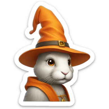 portrait of a rabbit wizard, with an orange hat sticker