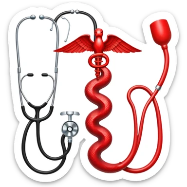 An icon featuring a caduceus (a bowl with a snake), a red cross, and a stethoscope, symbolizing medicine. The design includes medical tools and symbols, representing healthcare, diagnosis, and healing practices. Transparent background highlights the profession and study of medicine. sticker