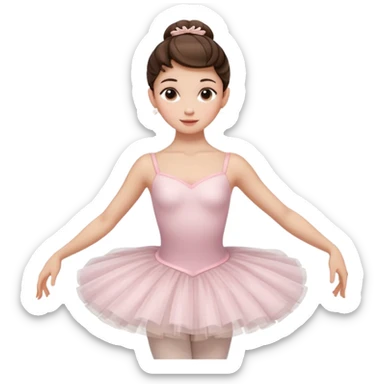 Cinematic Realistic Ballerina Portrait, depicted with lifelike skin texture, subtle rosy undertones, and soft natural lighting that enhances the gentle contours of her face. Her intricately detailed Brunette hair is elegantly styled in an updo, sticker