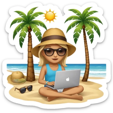 A gender-neutral emoji-style character (🧑‍💻) sitting with a laptop on the beach, next to a palm tree, with sun and ocean in the background. sticker
