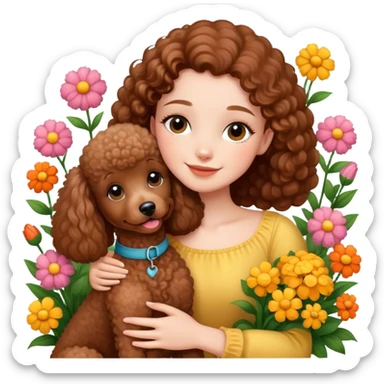 A beautiful girl happily hugs a brown poodle in the flowers sticker