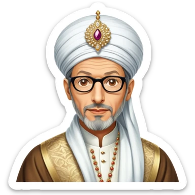 Jeff Goldblum no glasses as a regal portrait dressed as suleiman-the-magnificent,-depicted-as-a-regal-ottoman-sultan-adorned-with-a-large,-white,-round,-tall-turban-and-a-majestic-grey-beard,-his-commanding-gaze-bathed-in-warm,-historic-lighting-that-exudes-timel sticker