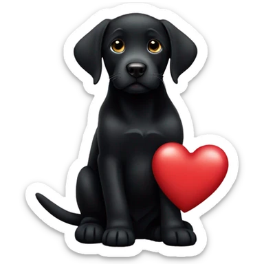 sitting black labrador puppy is holding a heart sticker